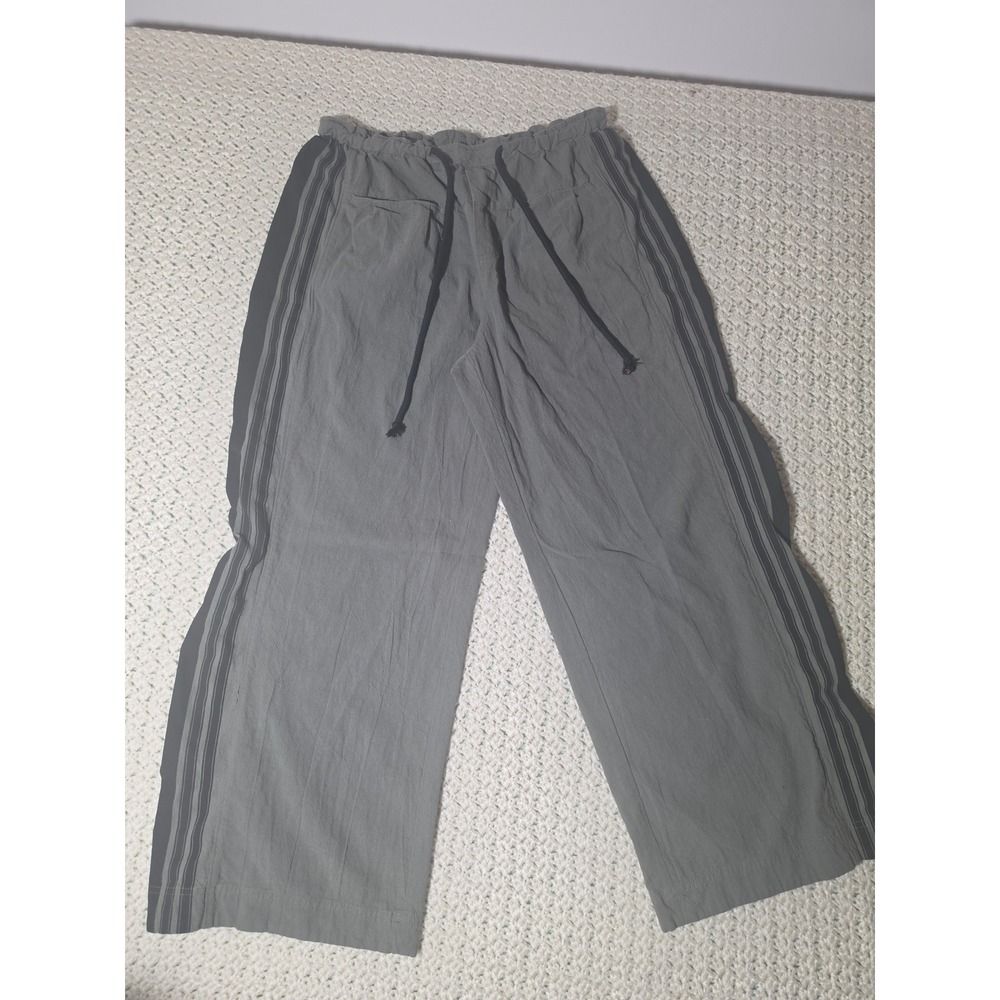 Lomon Wide Leg Pants Women M Olive Green Cotton Striped Side Drawstring